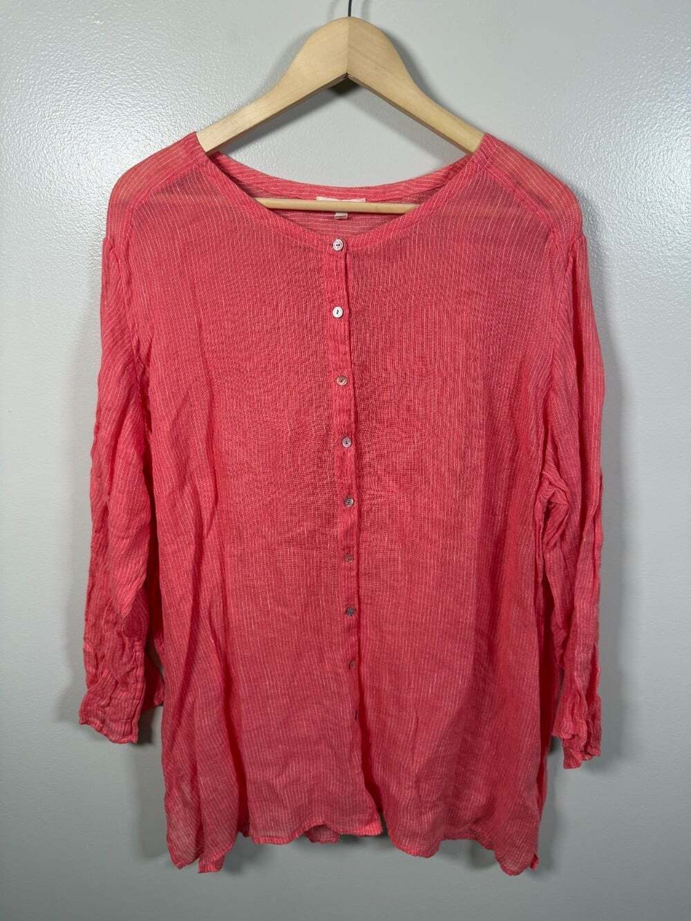 Eileen Fisher Linen Tunic Top Size 3X Orange Button Up Stripes Lagenlook Minimal